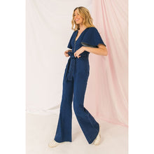 Load image into Gallery viewer, Denim jumpsuit, flutter sleeve, thirty-four &amp; vine, zip front, indigo
